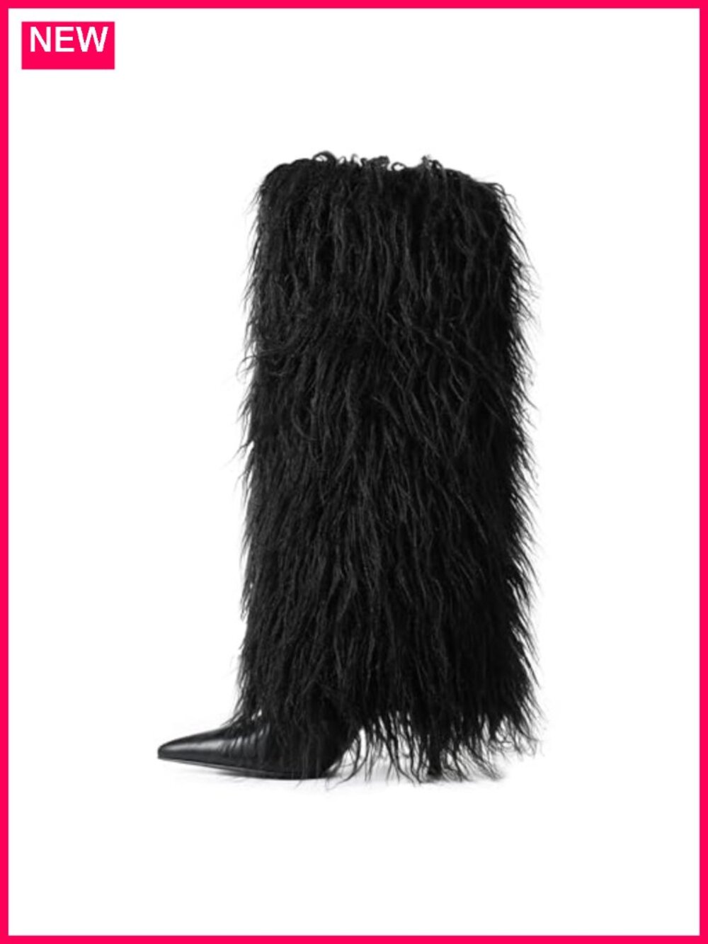 Faux Fur Knee High Fold Over Boots Pointed Toe Stiletto Heel Women Winter